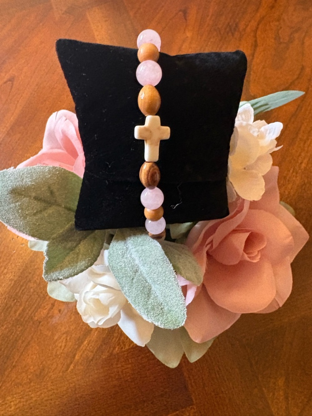 Holy Land Bethlehem Olive Wood & Rose Quartz Cross Bracelet